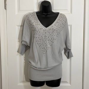 NWT Studio Y From Maurices Grey V Neck 1/4 Dolman Sleeve Sequin Sweater Sz M
